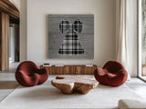 Nordic Holiday XV Plaid by Beth Grove. Shown as extra-large giant wall art in a modern living room. Available as an archival giclee rolled canvas, fine art paper, or poster print. SKU 37367a.