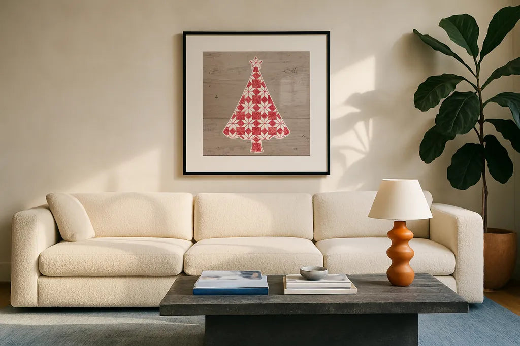 Nordic Holiday XVI by Beth Grove. Displayed in a glass frame with matte in a clean modern living room. Available as an archival giclee rolled canvas, fine art paper, or poster print. SKU 33884a.