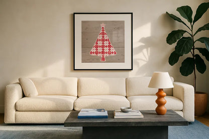 Nordic Holiday XVI by Beth Grove. Displayed in a glass frame with matte in a clean modern living room. Available as an archival giclee rolled canvas, fine art paper, or poster print. SKU 33884a.