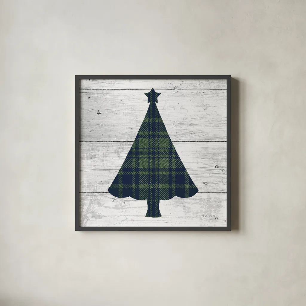 Nordic Holiday XVI Plaid Navy Green by Beth Grove. Shown in a sleek black glass frame for a contemporary gallery look. Available as an archival giclee rolled canvas, fine art paper, or poster print. SKU 59703a.