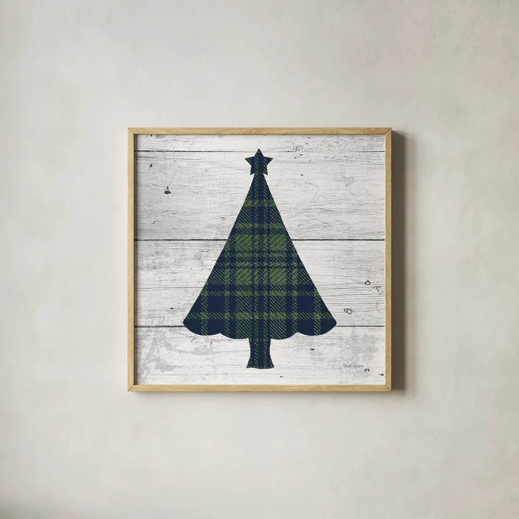 Nordic Holiday XVI Plaid Navy Green by Beth Grove. Shown in a natural wood glass frame for a timeless modern aesthetic. Available as an archival giclee rolled canvas, fine art paper, or poster print. SKU 59703a.