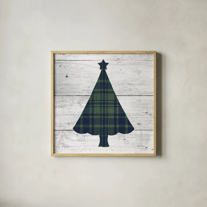 Nordic Holiday XVI Plaid Navy Green by Beth Grove. Shown in a natural wood glass frame for a timeless modern aesthetic. Available as an archival giclee rolled canvas, fine art paper, or poster print. SKU 59703a.