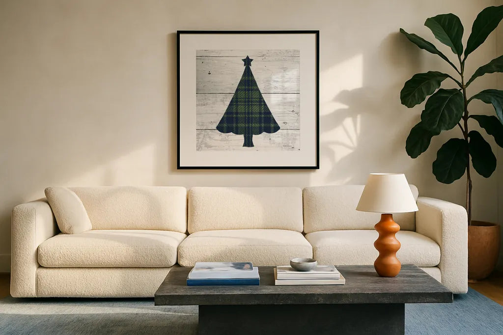 Nordic Holiday XVI Plaid Navy Green by Beth Grove. Displayed in a glass frame with matte in a clean modern living room. Available as an archival giclee rolled canvas, fine art paper, or poster print. SKU 59703a.