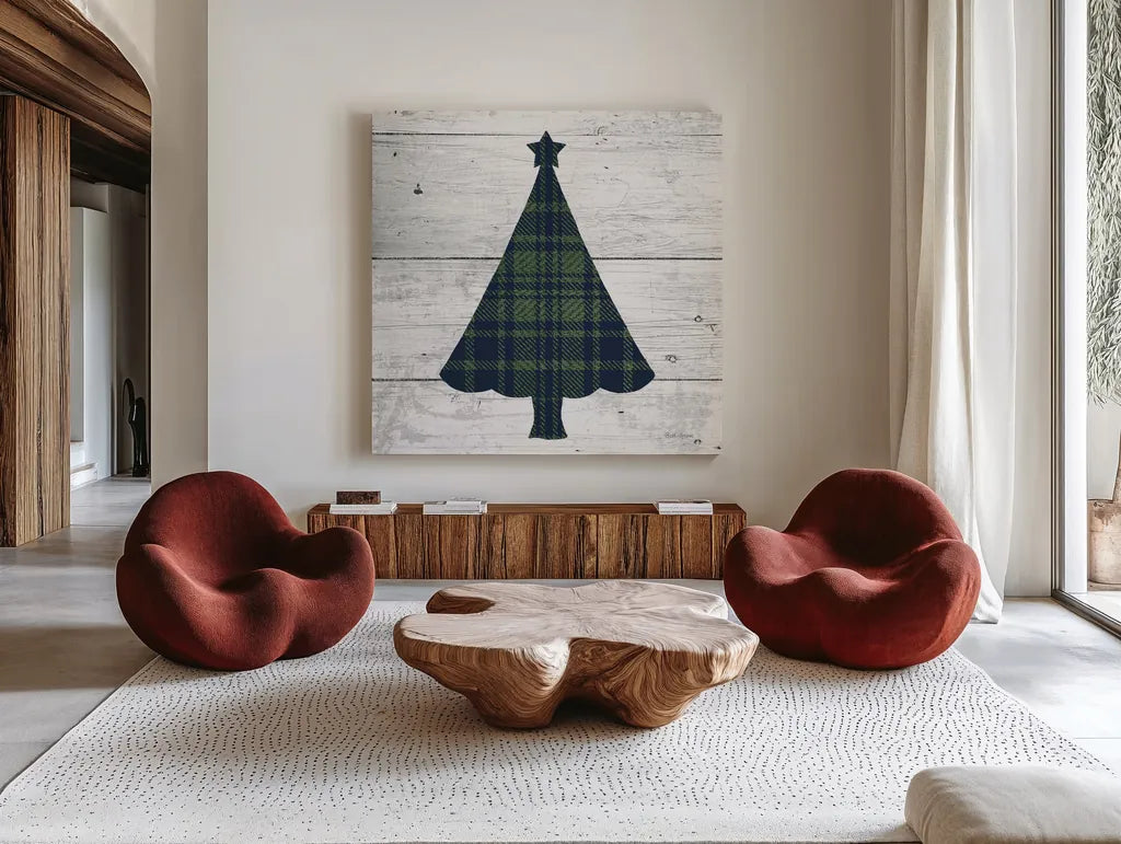 Nordic Holiday XVI Plaid Navy Green by Beth Grove. Shown as extra-large giant wall art in a modern living room. Available as an archival giclee rolled canvas, fine art paper, or poster print. SKU 59703a.