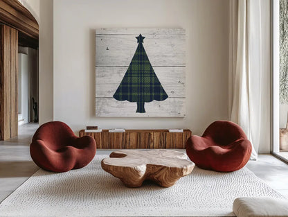 Nordic Holiday XVI Plaid Navy Green by Beth Grove. Shown as extra-large giant wall art in a modern living room. Available as an archival giclee rolled canvas, fine art paper, or poster print. SKU 59703a.