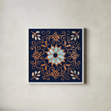 October Garden IX Blue by Beth Grove. Shown in a crisp white glass frame for a clean and minimalist style. Available as an archival giclee rolled canvas, fine art paper, or poster print. SKU 39632a.
