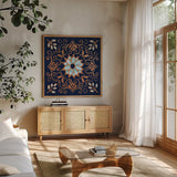 October Garden IX Blue by Beth Grove. Shown in a natural wood frame in a cozy modern living room. Available as an archival giclee rolled canvas, fine art paper, or poster print. SKU 39632a.