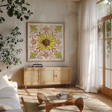 October Garden V by Beth Grove. Shown in a natural wood frame in a cozy modern living room. Available as an archival giclee rolled canvas, fine art paper, or poster print. SKU 37065a.