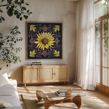 October Garden V Blue by Beth Grove. Shown in a natural wood frame in a cozy modern living room. Available as an archival giclee rolled canvas, fine art paper, or poster print. SKU 39628a.