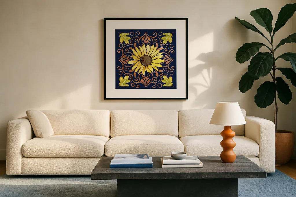 October Garden V Blue by Beth Grove. Displayed in a glass frame with matte in a clean modern living room. Available as an archival giclee rolled canvas, fine art paper, or poster print. SKU 39628a.