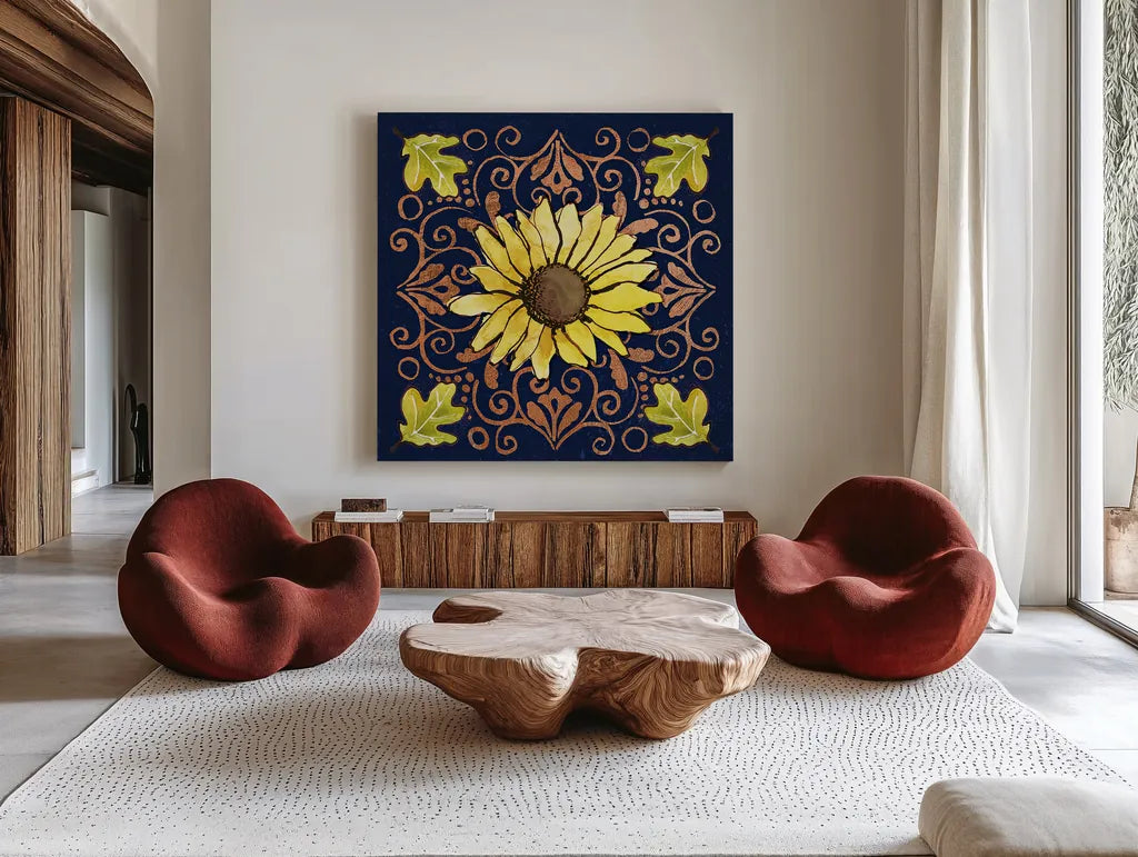 October Garden V Blue by Beth Grove. Shown as extra-large giant wall art in a modern living room. Available as an archival giclee rolled canvas, fine art paper, or poster print. SKU 39628a.