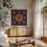 October Garden VI Blue by Beth Grove. Shown in a natural wood frame in a cozy modern living room. Available as an archival giclee rolled canvas, fine art paper, or poster print. SKU 39629a.