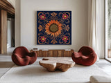 October Garden VI Blue by Beth Grove. Shown as extra-large giant wall art in a modern living room. Available as an archival giclee rolled canvas, fine art paper, or poster print. SKU 39629a.