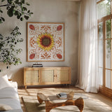 October Garden VII by Beth Grove. Shown in a natural wood frame in a cozy modern living room. Available as an archival giclee rolled canvas, fine art paper, or poster print. SKU 37067a.