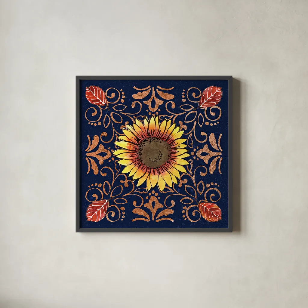 October Garden VII Blue by Beth Grove. Shown in a sleek black glass frame for a contemporary gallery look. Available as an archival giclee rolled canvas, fine art paper, or poster print. SKU 39630a.