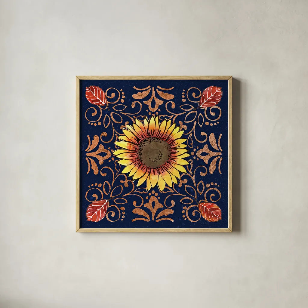 October Garden VII Blue by Beth Grove. Shown in a natural wood glass frame for a timeless modern aesthetic. Available as an archival giclee rolled canvas, fine art paper, or poster print. SKU 39630a.