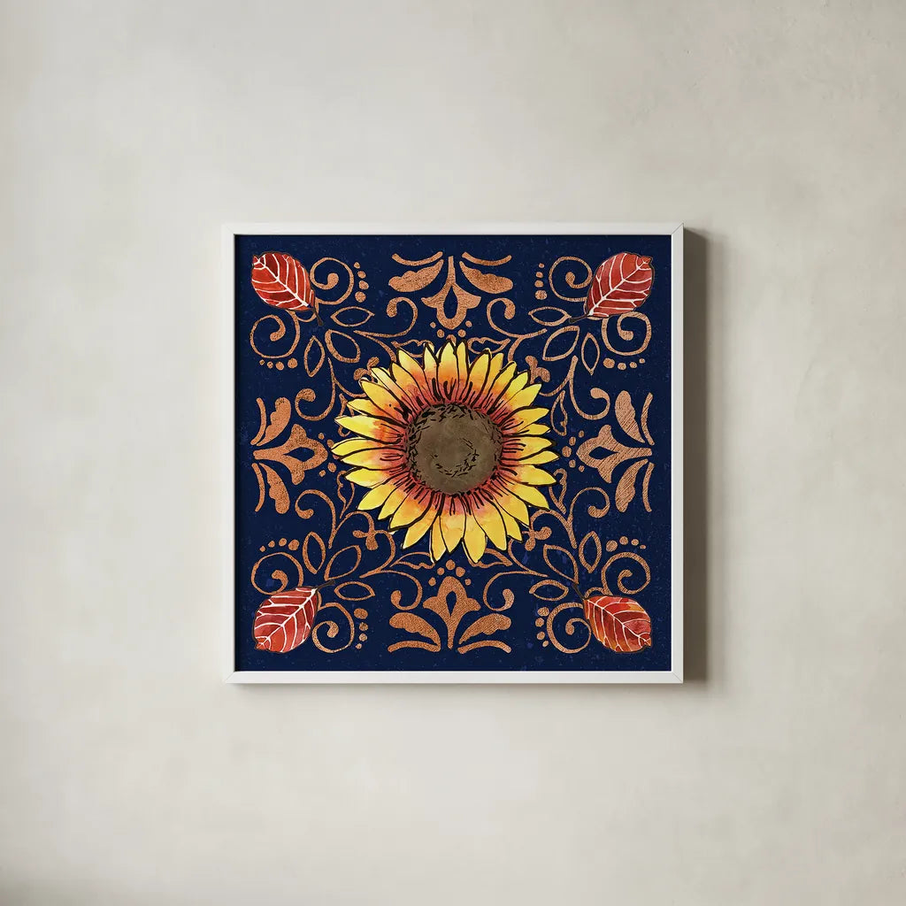 October Garden VII Blue by Beth Grove. Shown in a crisp white glass frame for a clean and minimalist style. Available as an archival giclee rolled canvas, fine art paper, or poster print. SKU 39630a.