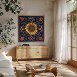 October Garden VII Blue by Beth Grove. Shown in a natural wood frame in a cozy modern living room. Available as an archival giclee rolled canvas, fine art paper, or poster print. SKU 39630a.