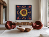 October Garden VII Blue by Beth Grove. Shown as extra-large giant wall art in a modern living room. Available as an archival giclee rolled canvas, fine art paper, or poster print. SKU 39630a.