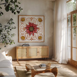 October Garden VIII by Beth Grove. Shown in a natural wood frame in a cozy modern living room. Available as an archival giclee rolled canvas, fine art paper, or poster print. SKU 37068a.