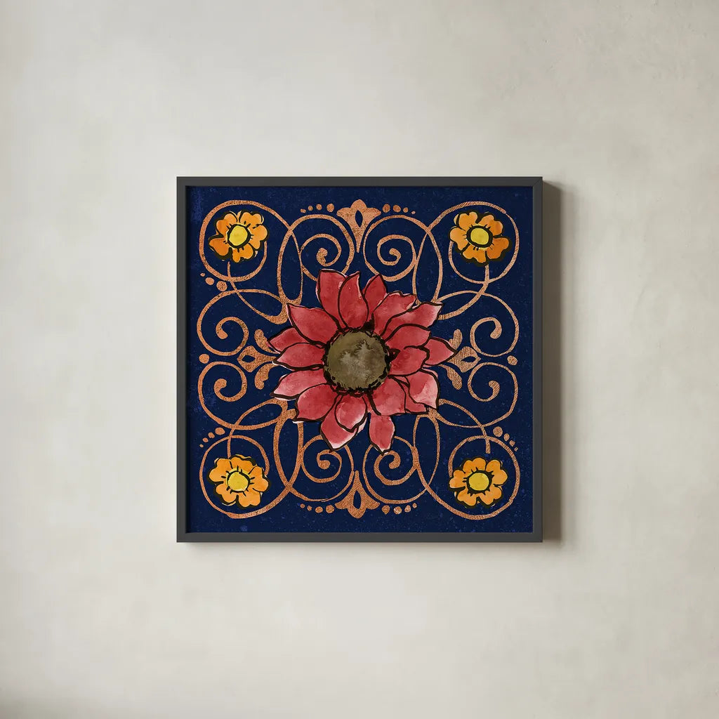 October Garden VIII Blue by Beth Grove. Shown in a sleek black glass frame for a contemporary gallery look. Available as an archival giclee rolled canvas, fine art paper, or poster print. SKU 39631a.