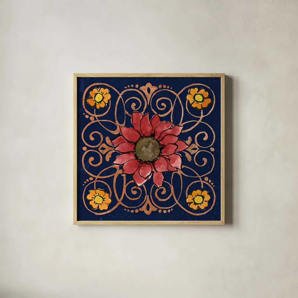 October Garden VIII Blue by Beth Grove. Shown in a natural wood glass frame for a timeless modern aesthetic. Available as an archival giclee rolled canvas, fine art paper, or poster print. SKU 39631a.