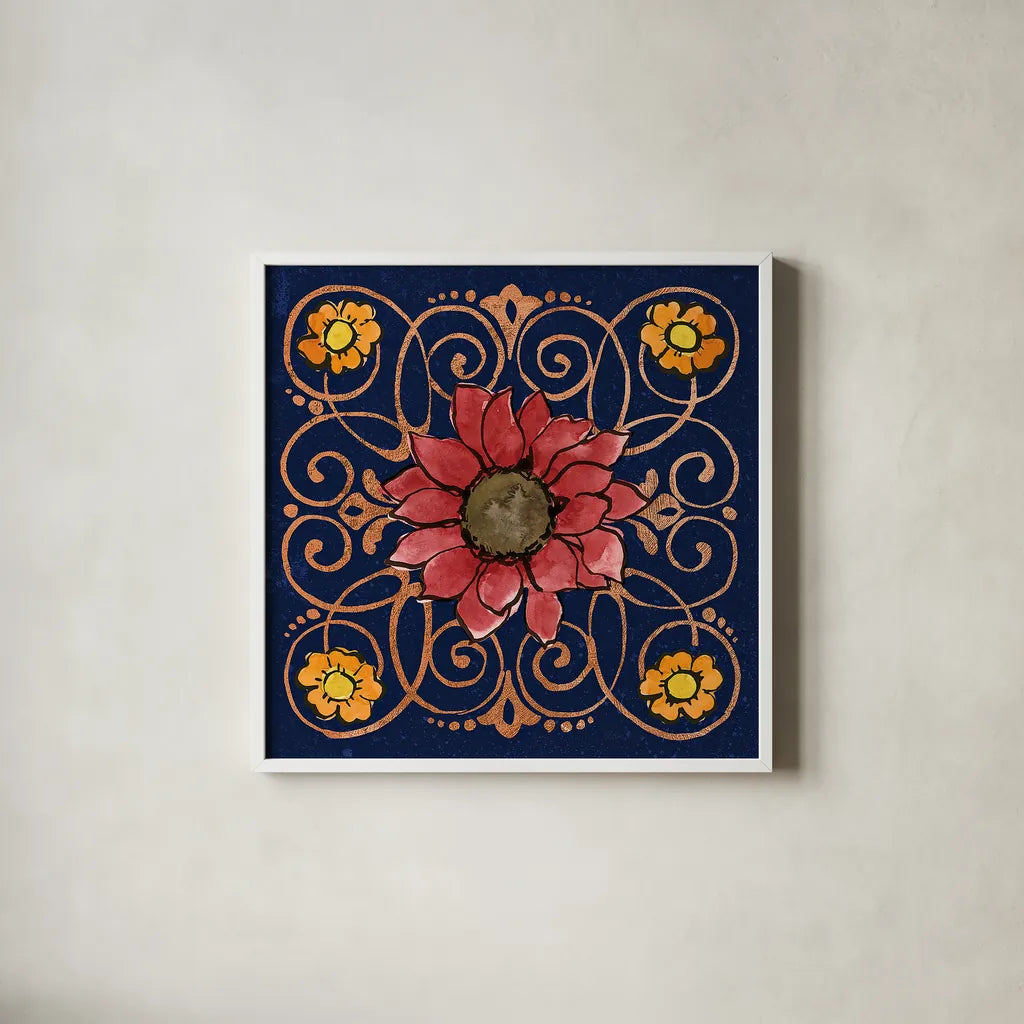 October Garden VIII Blue by Beth Grove. Shown in a crisp white glass frame for a clean and minimalist style. Available as an archival giclee rolled canvas, fine art paper, or poster print. SKU 39631a.