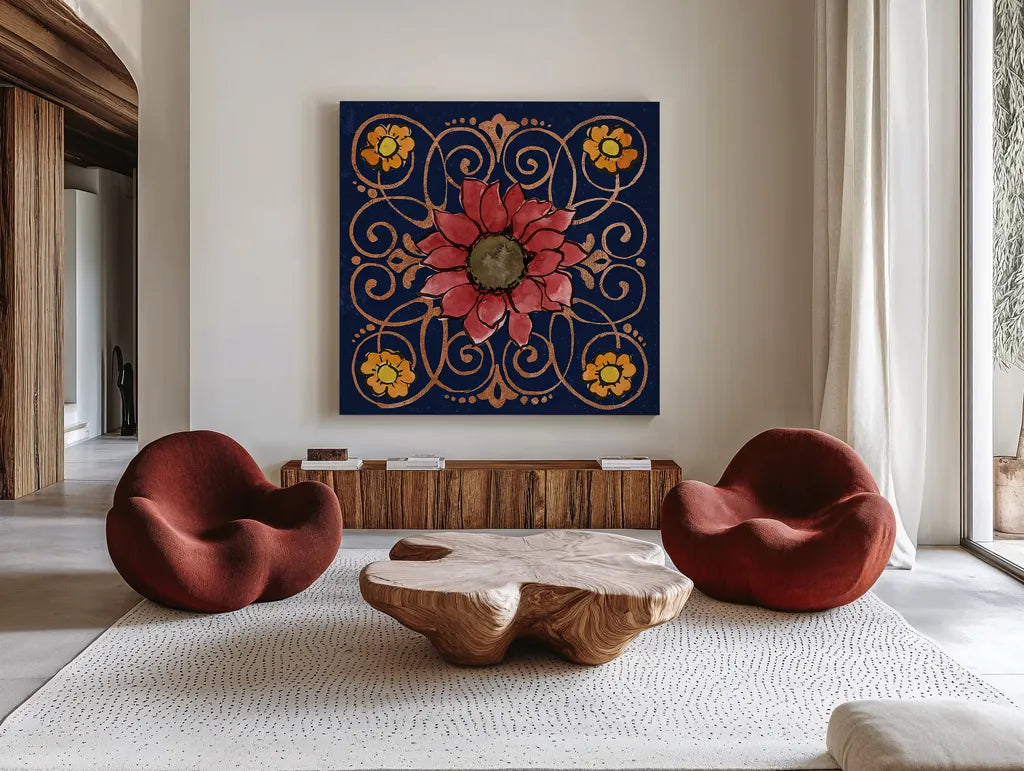 October Garden VIII Blue by Beth Grove. Shown as extra-large giant wall art in a modern living room. Available as an archival giclee rolled canvas, fine art paper, or poster print. SKU 39631a.