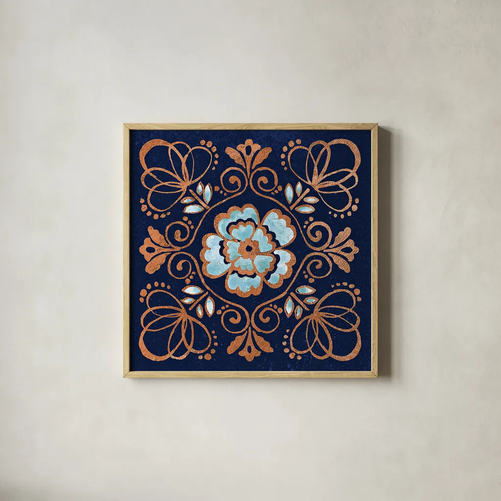 October Garden X Blue by Beth Grove. Shown in a natural wood glass frame for a timeless modern aesthetic. Available as an archival giclee rolled canvas, fine art paper, or poster print. SKU 39633a.