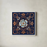 October Garden X Blue by Beth Grove. Shown in a crisp white glass frame for a clean and minimalist style. Available as an archival giclee rolled canvas, fine art paper, or poster print. SKU 39633a.