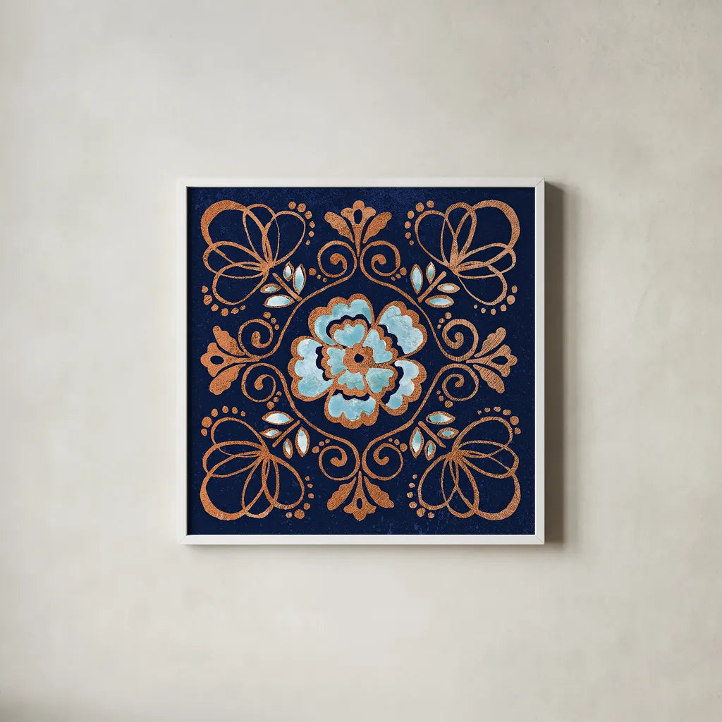 October Garden X Blue by Beth Grove. Shown in a crisp white glass frame for a clean and minimalist style. Available as an archival giclee rolled canvas, fine art paper, or poster print. SKU 39633a.