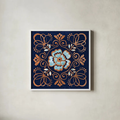 October Garden X Blue by Beth Grove. Shown in a crisp white glass frame for a clean and minimalist style. Available as an archival giclee rolled canvas, fine art paper, or poster print. SKU 39633a.