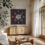 October Garden X Blue by Beth Grove. Shown in a natural wood frame in a cozy modern living room. Available as an archival giclee rolled canvas, fine art paper, or poster print. SKU 39633a.