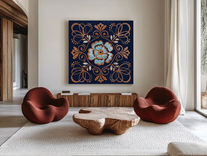 October Garden X Blue by Beth Grove. Shown as extra-large giant wall art in a modern living room. Available as an archival giclee rolled canvas, fine art paper, or poster print. SKU 39633a.