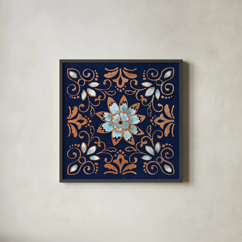 October Garden XI Blue by Beth Grove. Shown in a sleek black glass frame for a contemporary gallery look. Available as an archival giclee rolled canvas, fine art paper, or poster print. SKU 39634a.