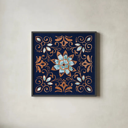 October Garden XI Blue by Beth Grove. Shown in a sleek black glass frame for a contemporary gallery look. Available as an archival giclee rolled canvas, fine art paper, or poster print. SKU 39634a.