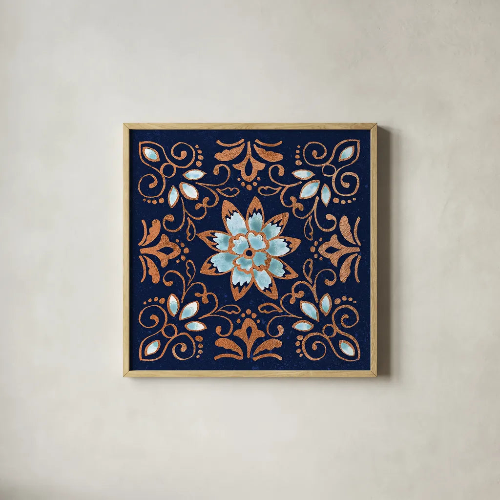 October Garden XI Blue by Beth Grove. Shown in a natural wood glass frame for a timeless modern aesthetic. Available as an archival giclee rolled canvas, fine art paper, or poster print. SKU 39634a.