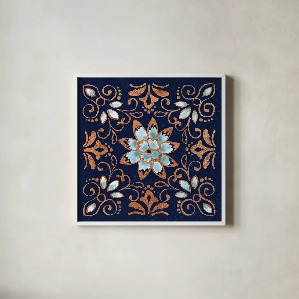 October Garden XI Blue by Beth Grove. Shown in a crisp white glass frame for a clean and minimalist style. Available as an archival giclee rolled canvas, fine art paper, or poster print. SKU 39634a.