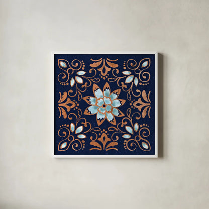 October Garden XI Blue by Beth Grove. Shown in a crisp white glass frame for a clean and minimalist style. Available as an archival giclee rolled canvas, fine art paper, or poster print. SKU 39634a.