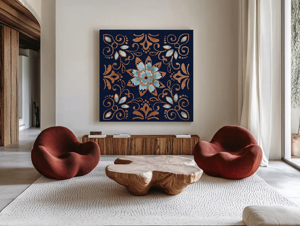 October Garden XI Blue by Beth Grove. Shown as extra-large giant wall art in a modern living room. Available as an archival giclee rolled canvas, fine art paper, or poster print. SKU 39634a.