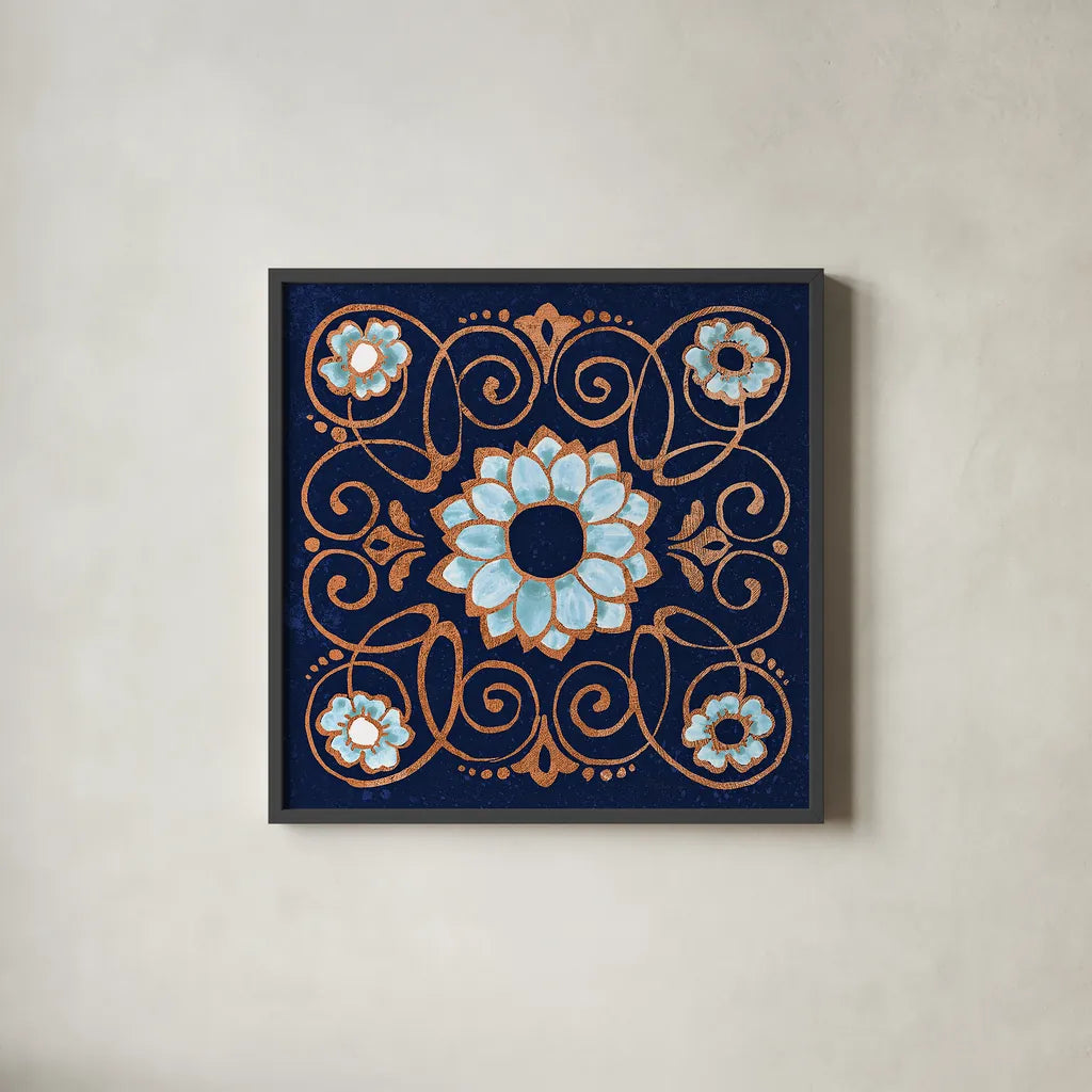 October Garden XII Blue by Beth Grove. Shown in a sleek black glass frame for a contemporary gallery look. Available as an archival giclee rolled canvas, fine art paper, or poster print. SKU 39635a.