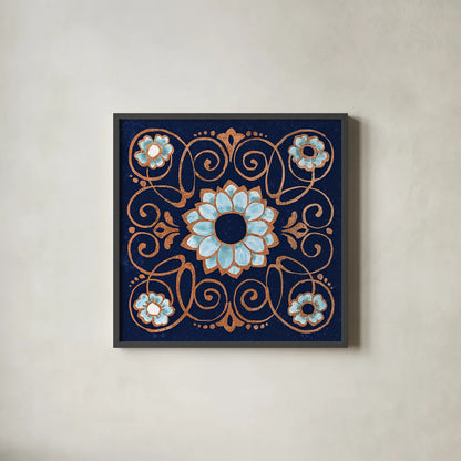 October Garden XII Blue by Beth Grove. Shown in a sleek black glass frame for a contemporary gallery look. Available as an archival giclee rolled canvas, fine art paper, or poster print. SKU 39635a.