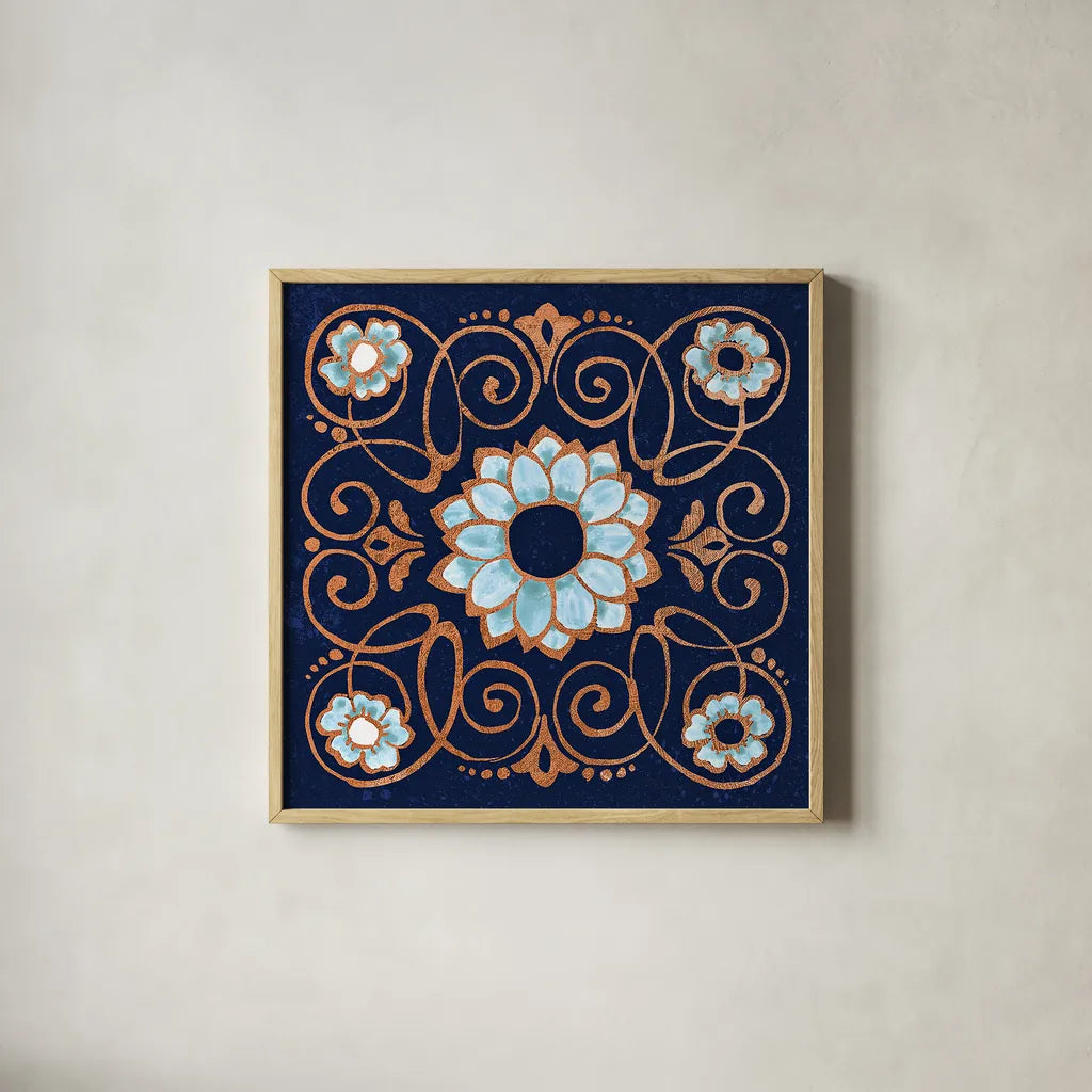 October Garden XII Blue by Beth Grove. Shown in a natural wood glass frame for a timeless modern aesthetic. Available as an archival giclee rolled canvas, fine art paper, or poster print. SKU 39635a.