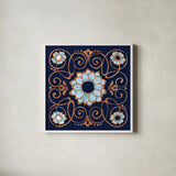 October Garden XII Blue by Beth Grove. Shown in a crisp white glass frame for a clean and minimalist style. Available as an archival giclee rolled canvas, fine art paper, or poster print. SKU 39635a.