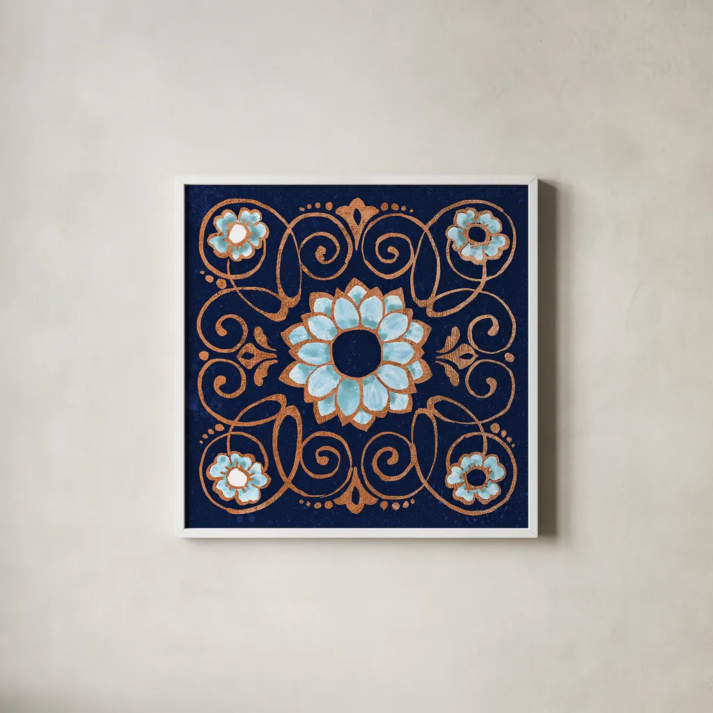 October Garden XII Blue by Beth Grove. Shown in a crisp white glass frame for a clean and minimalist style. Available as an archival giclee rolled canvas, fine art paper, or poster print. SKU 39635a.