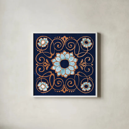 October Garden XII Blue by Beth Grove. Shown in a crisp white glass frame for a clean and minimalist style. Available as an archival giclee rolled canvas, fine art paper, or poster print. SKU 39635a.