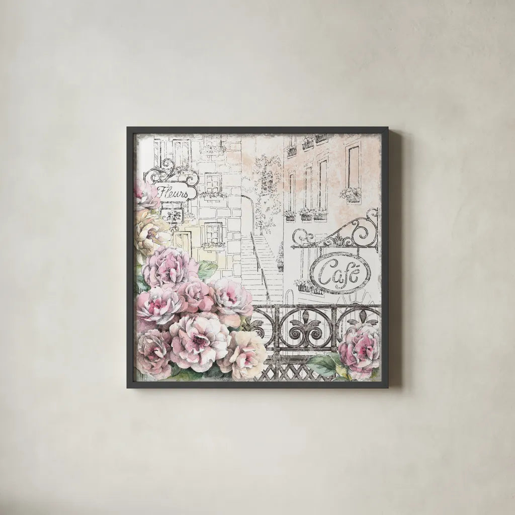 Paris Roses I by Beth Grove. Shown in a sleek black glass frame for a contemporary gallery look. Available as an archival giclee rolled canvas, fine art paper, or poster print. SKU 22321a.