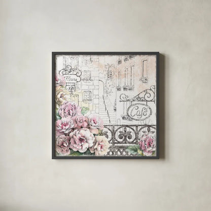 Paris Roses I by Beth Grove. Shown in a sleek black glass frame for a contemporary gallery look. Available as an archival giclee rolled canvas, fine art paper, or poster print. SKU 22321a.
