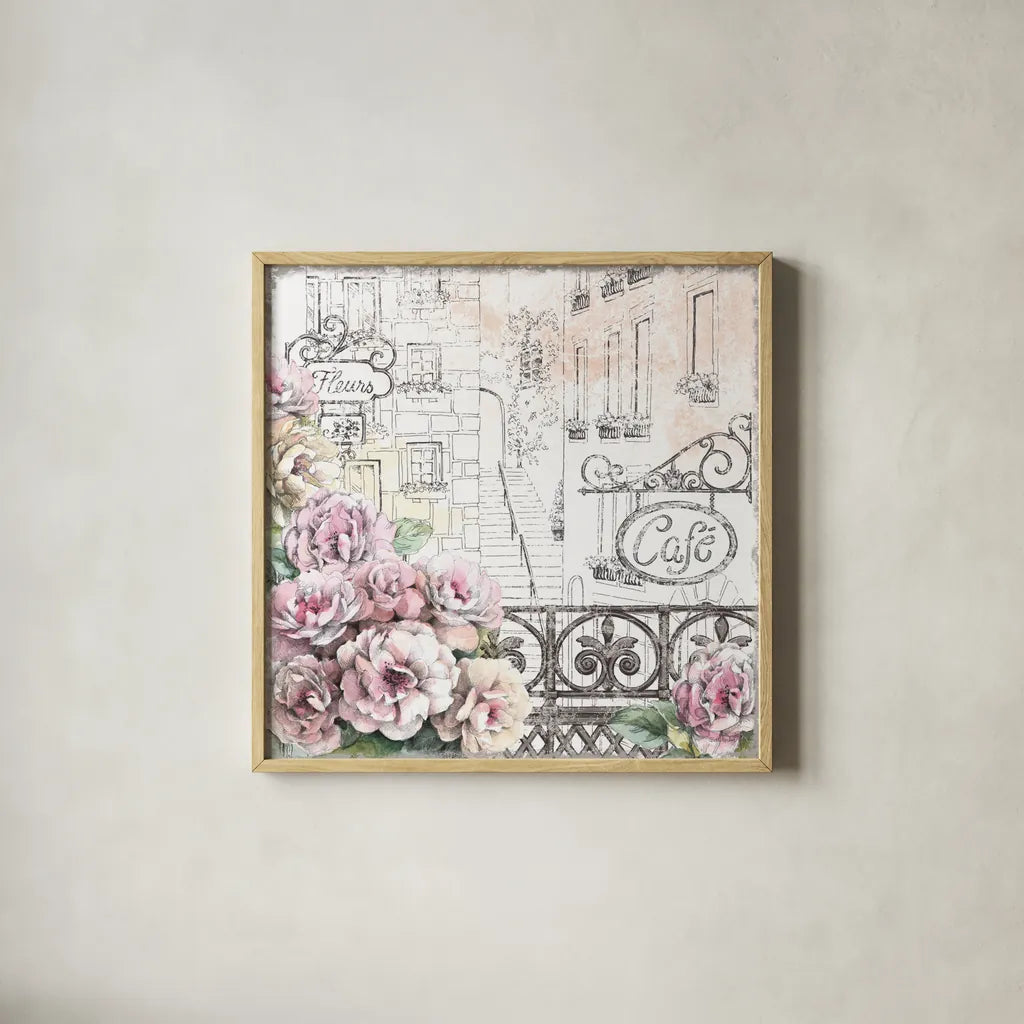 Paris Roses I by Beth Grove. Shown in a natural wood glass frame for a timeless modern aesthetic. Available as an archival giclee rolled canvas, fine art paper, or poster print. SKU 22321a.