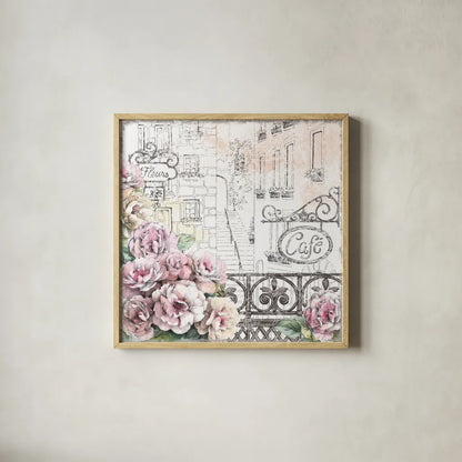 Paris Roses I by Beth Grove. Shown in a natural wood glass frame for a timeless modern aesthetic. Available as an archival giclee rolled canvas, fine art paper, or poster print. SKU 22321a.